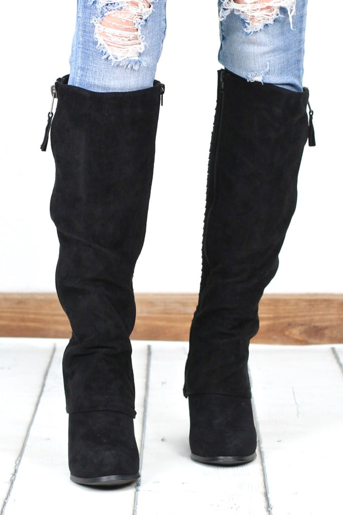 Very G: Very Strippy Heeled Suede Boot {Black}