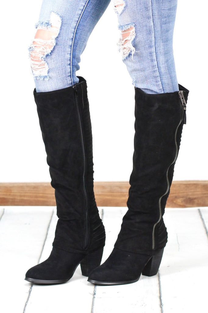 Very G: Very Strippy Heeled Suede Boot {Black}